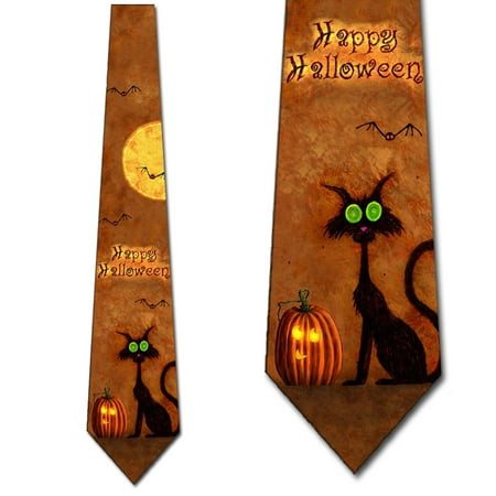 Happy Halloween Ties Black Cat Mens Pumpkin Necktie by Three Rooker