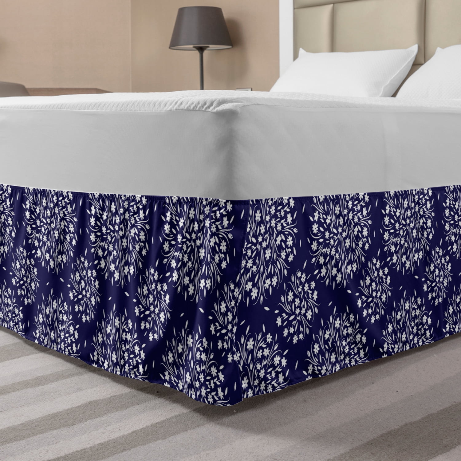 Navy and White Bed Skirt, Scroll Pattern with Little Rural Wildflowers