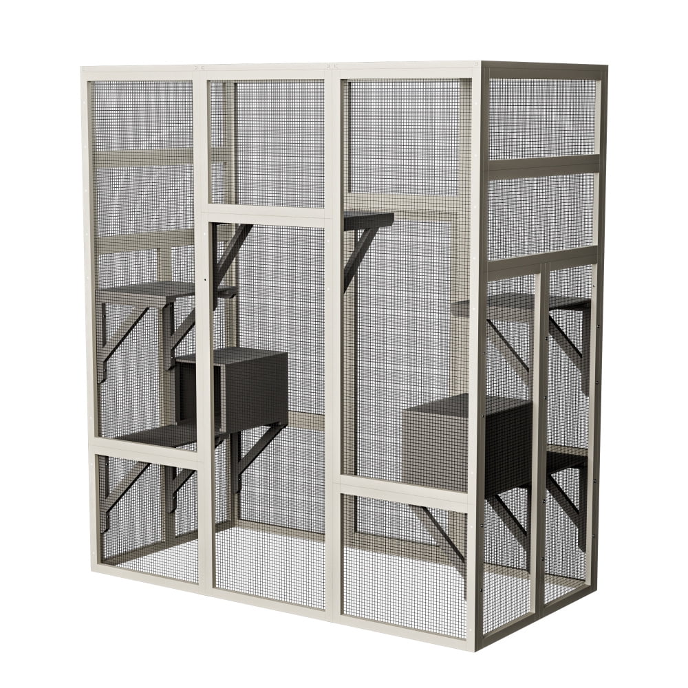 62.6" Outdoor Wooden Cat House Large Catio, Solid Wood Cat Cage Shelter Enclosure Playpen with Anti-UV& Waterproof, 5 Platforms and 2 Resting Boxes
