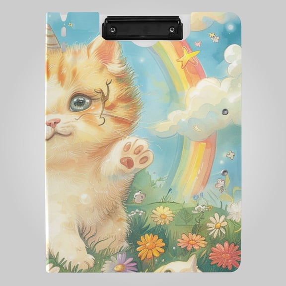Lovely Cat in Forals Rainbow Sunny Day Foldable Binder Folder Clipboard with Pen Slot Double Clips A4 Size File Storage