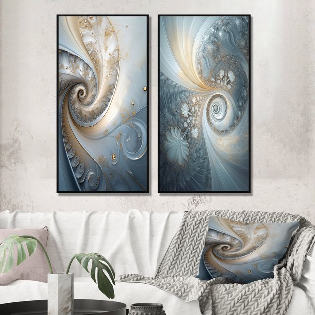 Designart "Fractal Spiral Cosmic Bliss II" Fractals Framed Wall Art Set Of 2 - Transitional Blue Frame Gallery Set For Office Decor