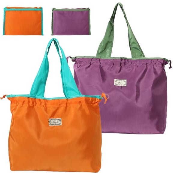 2 Pack Reusable Grocery Bags, Washable Shopping Totes Fit in Pocket, Foldable Drawstring Lightweight Grocery Bag for Shopping, Purple Orange