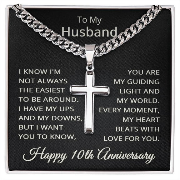 10th Anniversary Necklace for Husband 10 Years Anniversary Jewelry for Him Men Cuban Link Chain with Cross Pendant