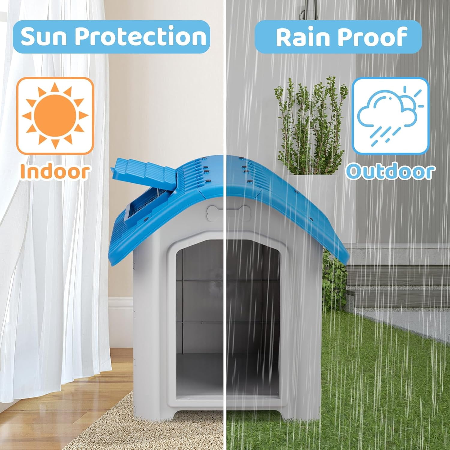 Outdoor Dog House, Plastic Dog Shelter for Small to Medium Size Dogs Waterproof, Durable Indoor Puppy House with Air Vents, Elevated Floor, Easy to Assemble 28"x23"x24"