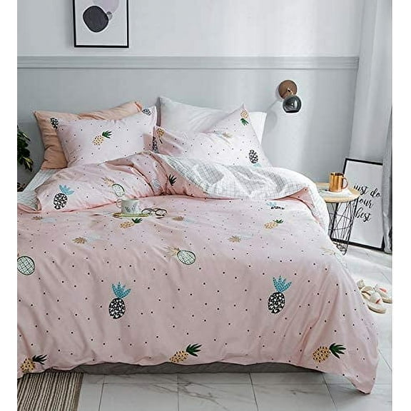 Kid's Bedding Duvet Cover Set Queen- Cute Pineapple 100% Natural Cotton with 2 Pieces Ultra Soft Breathable Comforter Cover (Pink Pineapple, Queen)