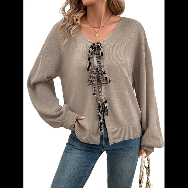 Cárdigan de Punto Y2K con Lazo Frontal para Mujer, Suéter de Larga con Abertura Frontal, Cárdigan Extragrande, Prendas de Punto, Tops Albaricoque M