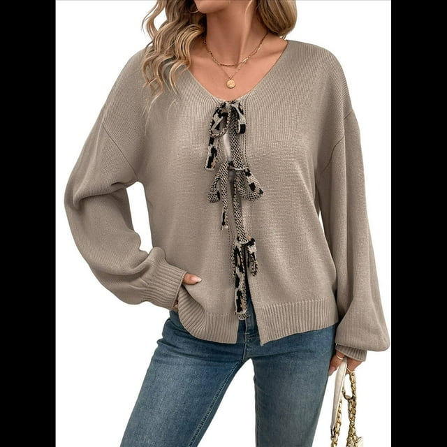 Cárdigan de Punto Y2K con Lazo Frontal para Mujer, Suéter de Larga con Abertura Frontal, Cárdigan Extragrande, Prendas de Punto, Tops Albaricoque M