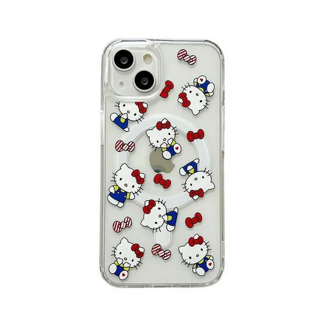 for Magsafe Magnetic Wireless Charge Case For iPhone 13 12 11 14 15 Pro Max Cartoon Hello Kitty Transparent Cover with Support LXY