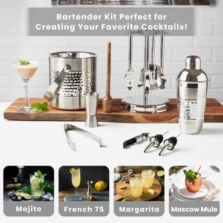 Mixeries Mixology Bartender Kit with Stand - 19 Piece Bar Set Cocktail Shaker Set Drink Mixer Set for Home Bar with All Bar Accessories - Bar Tool Set