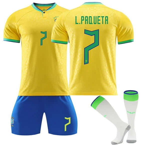 Sien 2223 Brazil Home Game Short Sleeve Soccer Uniform, #7 LUCAS PAQUETA Brazil Fashion Soccer Jersey 3 Piece Set, Suits for Adults Outdoor Sports Training of Brazil Soccer Jersey, #7/S
