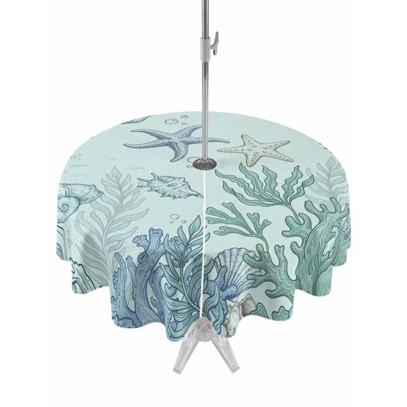 Outdoor Tablecloth with Umbrella Hole for Patio/Picnic/Party/Camping, Ocean Coral Waterproof Table Cloth Round Cover Washable, Summer Coastal Sea Starfish Conch Blue Green (Dia 54")
