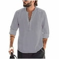 thumbnail image 2 of Yusimy Men's Cotton-Linen Blend Long Sleeve Shirt Solid Color Half-Button Stand-Up Collar Pleated Loose Summer Casual Top, 2 of 8