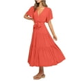 thumbnail image 2 of PiGOGI Women's Elegant Lace Up Dress V-Neck Short Sleeve Long Flowy Casual Summer Maxi Dress Watermelon Red XXL, 2 of 9