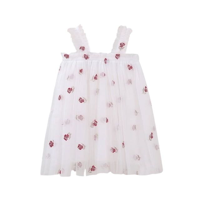 EGNMCR Robe Sans Manches à Col Rond Robe à Bretelles Fleurie pour Filles Robe pour Filles Jupe en Tulle Douce Brodée pour Filles Robe Fille Robe en Polyester