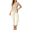 thumbnail image 2 of Unique Bargains Junior's Floral Ruffle V Neck Puff Short Sleeves Blouse Top Beige XS, 2 of 7