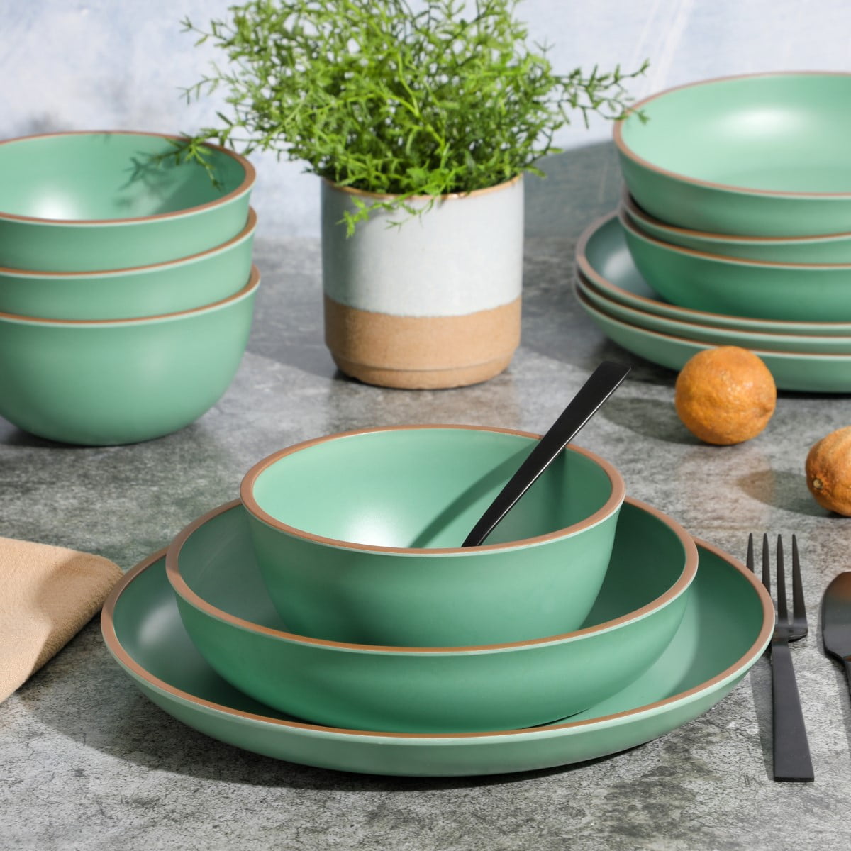 Gibson Home Rockabye 12 Piece Double Bowl Melamine Dinnerware Set, Matte Green