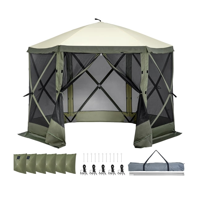 vevor tienda de campaña desplegable con pantalla emergente, refugio solar con dosel de 6 lados con 6 paños de viento de privacidad extraíbles y ventanas de malla, verde militar Carpa desplegable hexagonal 10 x 10 ft (3.05 x 3.05 m) con toldo y armazón de fibra de vidrio; techo beige y paredes verde militar con paneles de malla negra, dos entradas con cremalleras dobles y 6 paños cortavientos desmontables; incluye 11 clavos, 5 cuerdas resistentes al viento y bolsa de transporte. Adecuada para camping, picnics y reuniones al aire libre; también suele usarse como refugio privado para descanso.