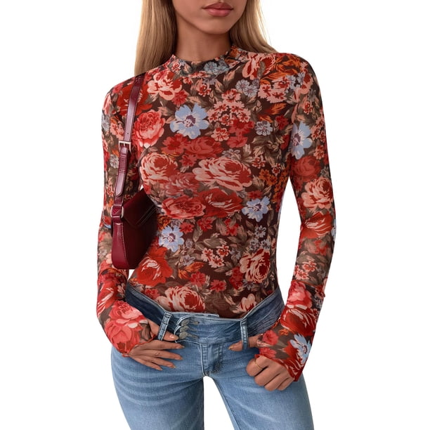 PRETTYGARDEN Camisa de Malla Floral de Manga Larga para Mujer XXL