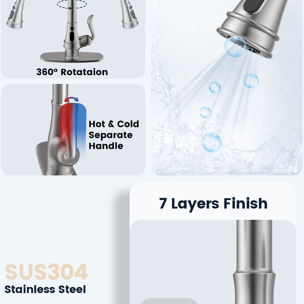 APPASO Brushed Nickel Kitchen Faucet, Stainless Steel Brushed Nickel High Arc Pull Out Kitchen Sink Faucets with Deck Plate and Soap Dispenser