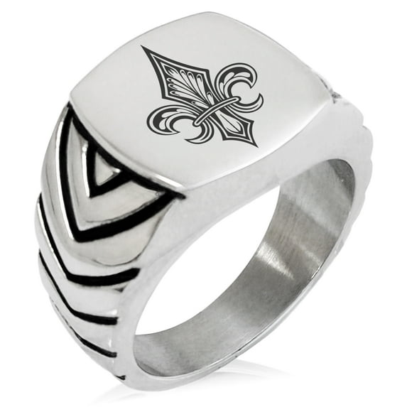 Stainless Steel Knightly Fleur De Lis Chevron Pattern Biker Style Polished Ring