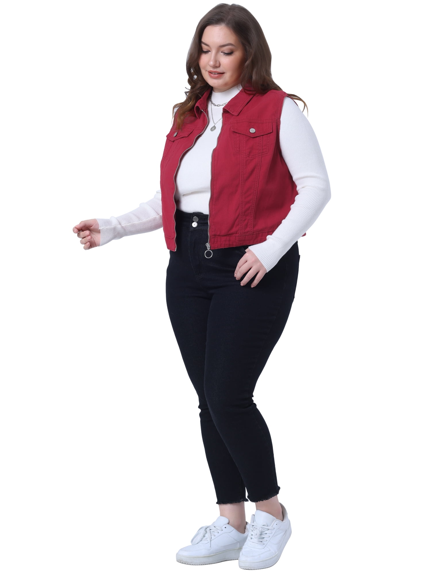 DARING DIVA Women's Plus Size Sleeveless Zip Up Button Down Jeans Vest 2X Burgundy