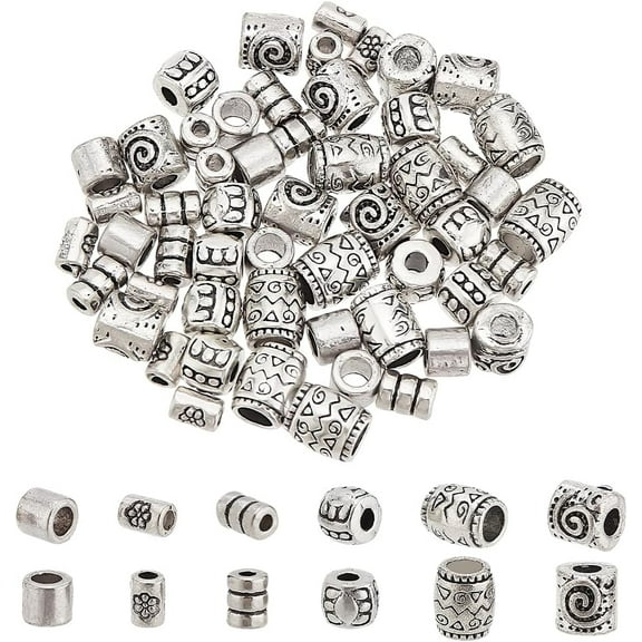 60Pcs Antique Silver Tube Beads Tibetan Column Spacer Beads Bulk 1-4mm Large Hole Bracelet Bead Metal Tube Spacer Bead 6 Styles for DIY Bracelet Necklace Jewelry Making