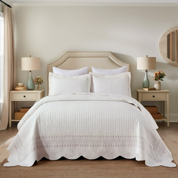 Elegant 3Pcs 100% Cotton Scallop Edges Quilt Bedspread Set Striped Embroidery Quilted Bed Set