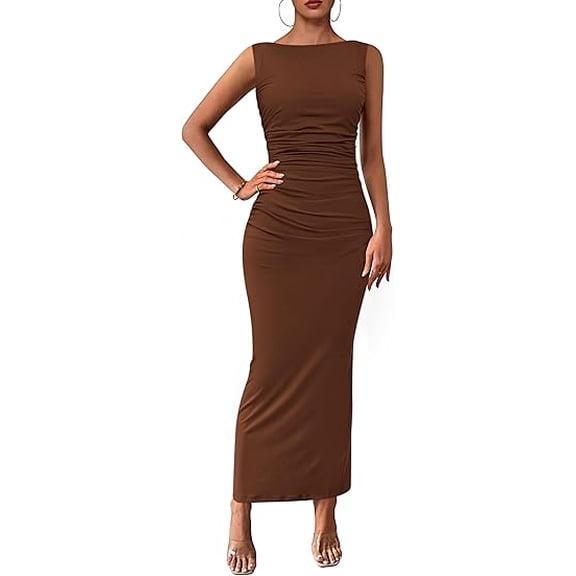 PRETTYGARDEN Women's Summer Semi Formal Midi Dresses Sleeveless Ruched Bodycon Long Elegant Cocktail Wedding Guest Dress