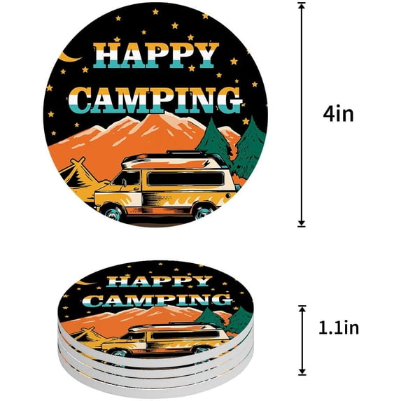 FMSHPON Happy Camper Set of 8 Round Coaster for Drinks, Absorbent Ceramic Stone Coasters Cup Mat with Cork Base for Home Kitchen Room Coffee Table Bar Decor