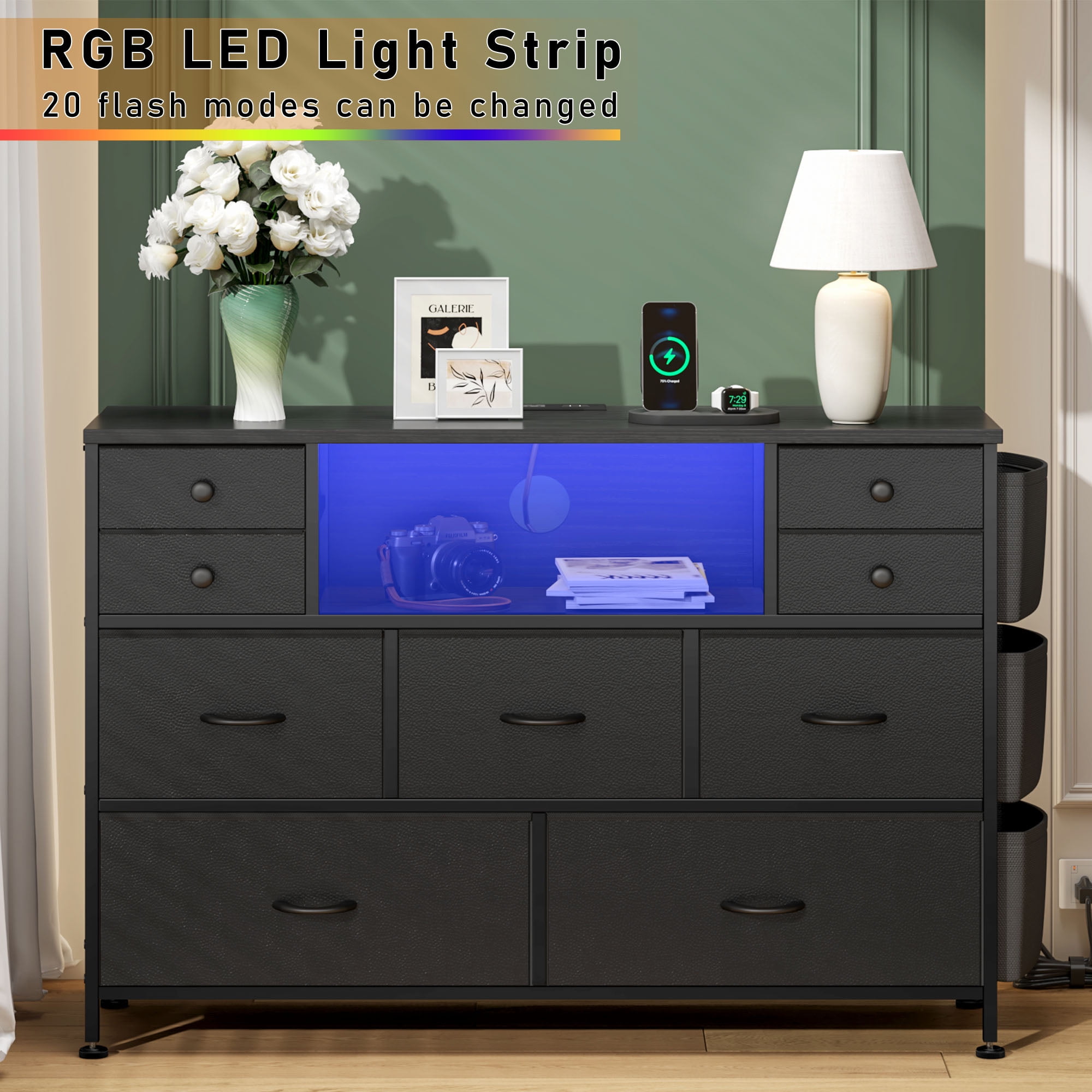 "GIKPAL 9Drawer Dresser with LED Lights, Power Outlets, Suitable for 50"" TV, Black"  (图2)