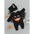 thumbnail image 3 of Seyurigaoka 2 Pcs Halloween Baby Girl Boy Rompers Set Letter/ Bat Print Bat Sleeve Jumpsuit and Hat for Newborn Toddler Kids, 3 of 9