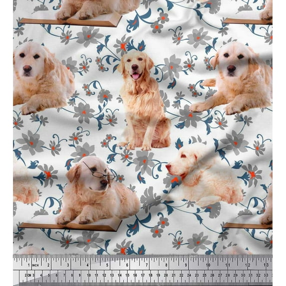 Soimoi Cotton Cambric Fabric Floral,Book & Golden Retriever Dog Decor Fabric Printed Yard 56 Inch Wide
