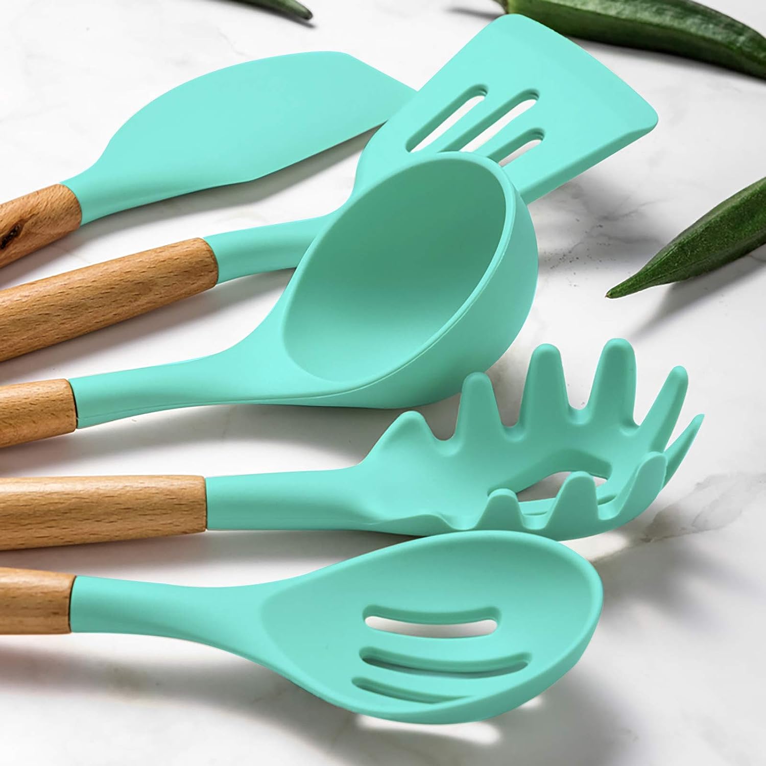 VIVAYO Kitchen Utensils Set, 32 Pcs Non-Stick Silicone Cooking Utensil Spatula Set with Holder, Wooden Handle Silicon Kitchen Set with Ladle Whisk, Tongs, Measuring Cups, Spoons,Green