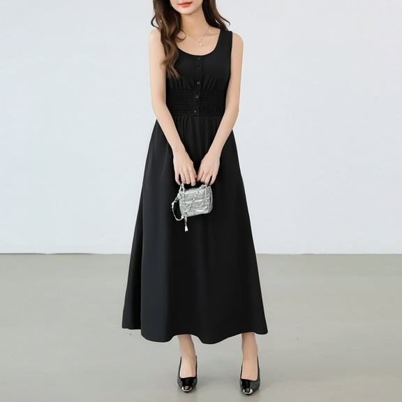 Womens Summer Dresses Sleeveless Button Down Smocked Empire Waist Casual A Line Swing Midi Dress E Dresses for Women Knit Dresses for Women Athletic Dress Dress Loose Casual Dress T Shirts for Dress
