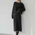 thumbnail image 2 of Two Piece Solid Lounge Set for Women Long Sleeve Crewneck Shirt Long Skirt Knitted Outfits Black Free Size, 2 of 8
