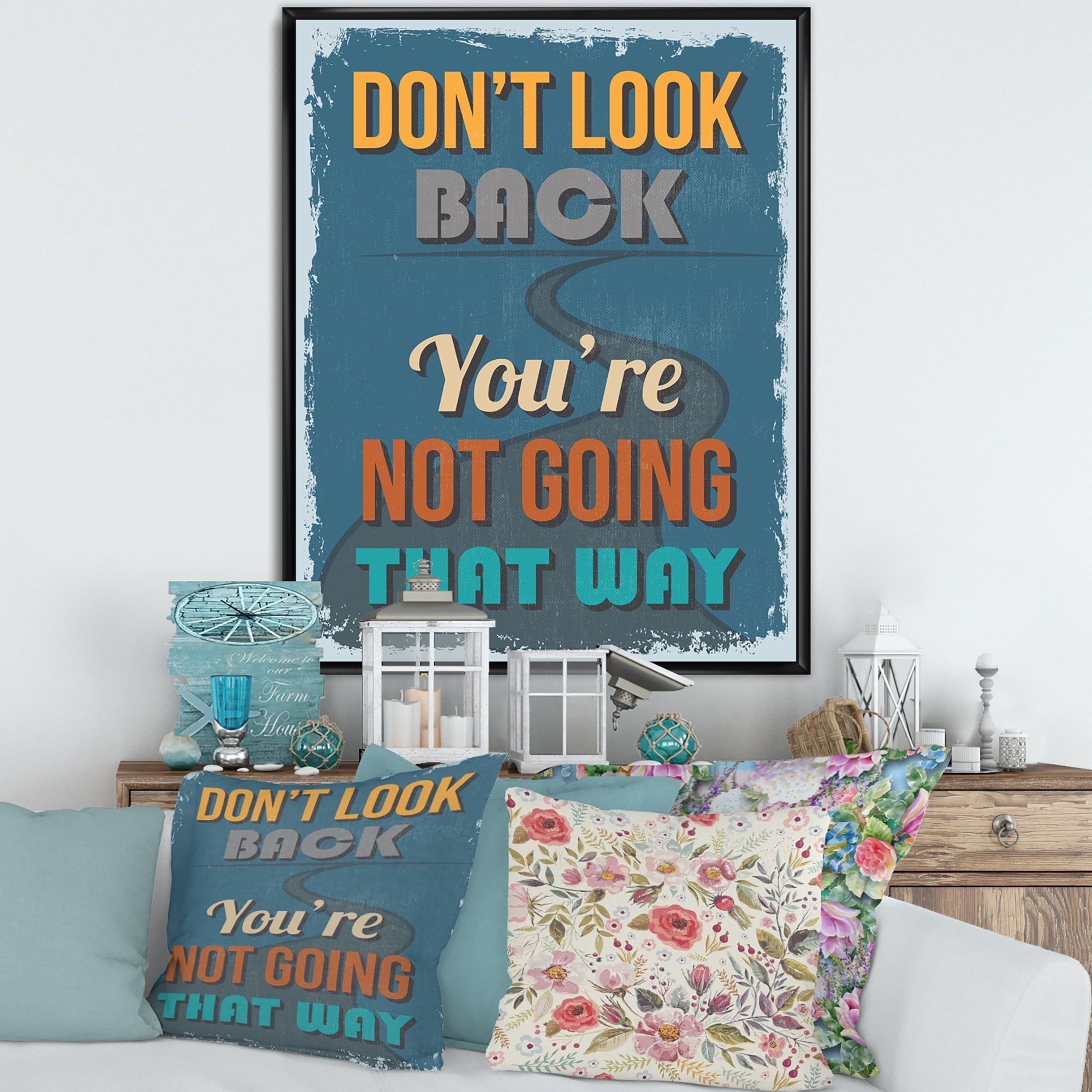 Designart 'Abstract Quote Don't Look Back You're Not Going That Way' Traditional Framed Canvas Wall Art Print