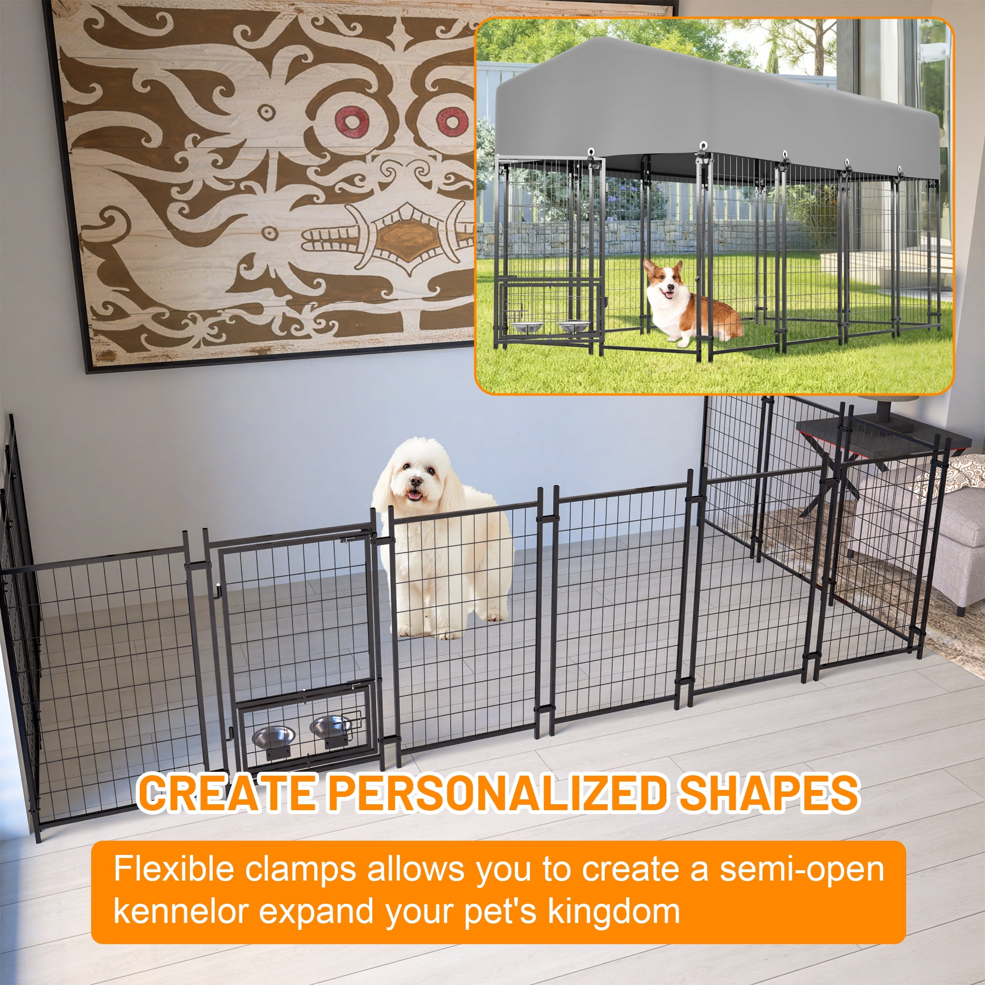 Villeston Universal Heavy Duty Medium Metal Dog Kennel Playpen with Sun/Rain Proof Top for Dog Cat Duck Chicken Outdoor Excerise (7.81'L x 4.23'W x 4.83'H)