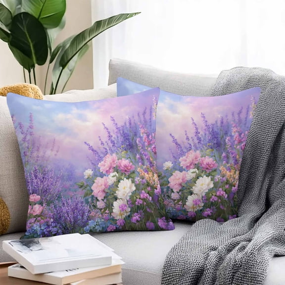 Throw Pillow Covers 24x24 Inch Set of 2, Purple Lavender Waterproof Outdoor Pillow Covers, Spring Watercolor Country Wildflowers Decorative Cushion Pillowcases for Couch, Sofa, Bed, Garden, Patio