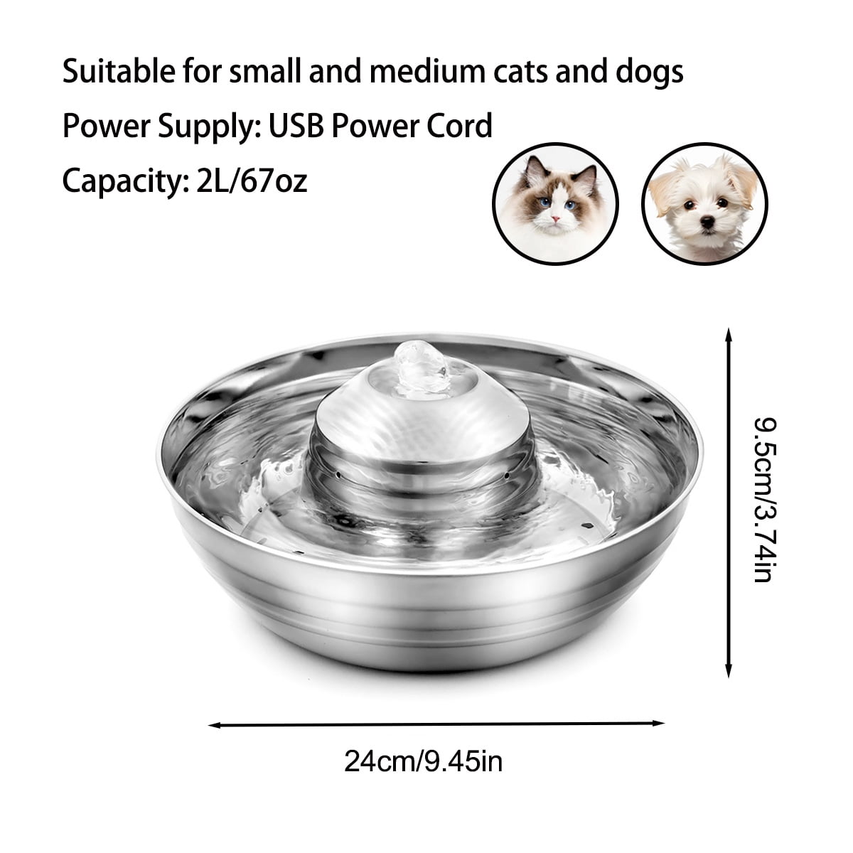 Petavista Stainless Steel Cat Water Fountain 2L/67oz Pet Water Dispenser with Quiet Pump and Multi-Filtration Pet Drinking Fountain for Cats and Dogs