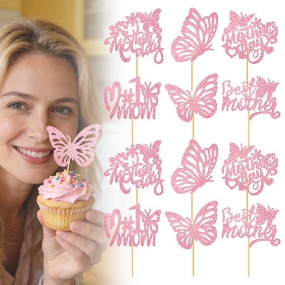 Mother's Day Cupcake Toppers, Pink Glitter Butterfly Floral Cupcake Picks for Mother's Day Mother's Birthday, 12 Pack
