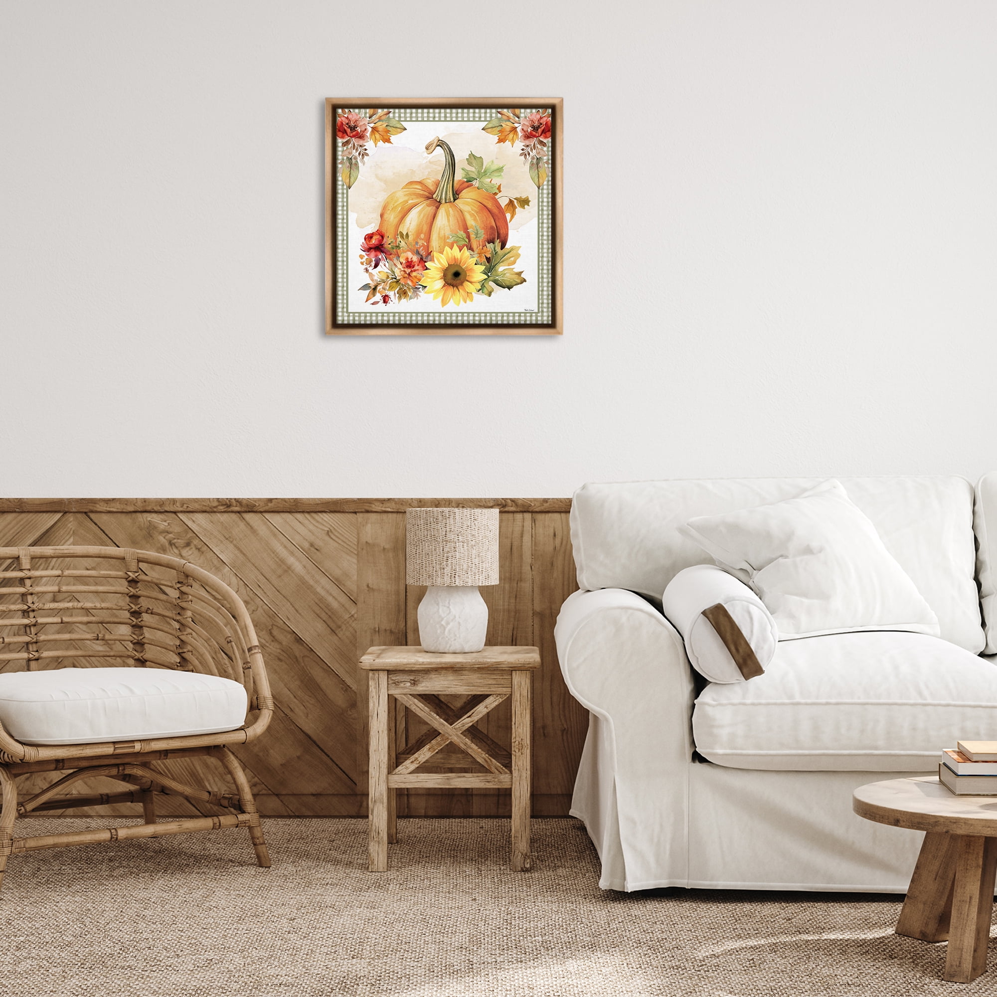 Stupell Industries Gingham Bordered Pumpkin Botanical & Floral Painting Brown Floater Framed Canvas Art Prints Wall Art, 25 x 25