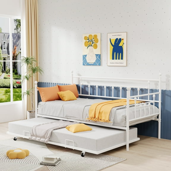 UHOMEPRO Twin Daybed with Trundle Included, Metal Daybed Frame with Pull-Out Trundle Bed, No Box Spring Needed, Twin Size Daybed Sofa Bed for Bedroom Living Room, White