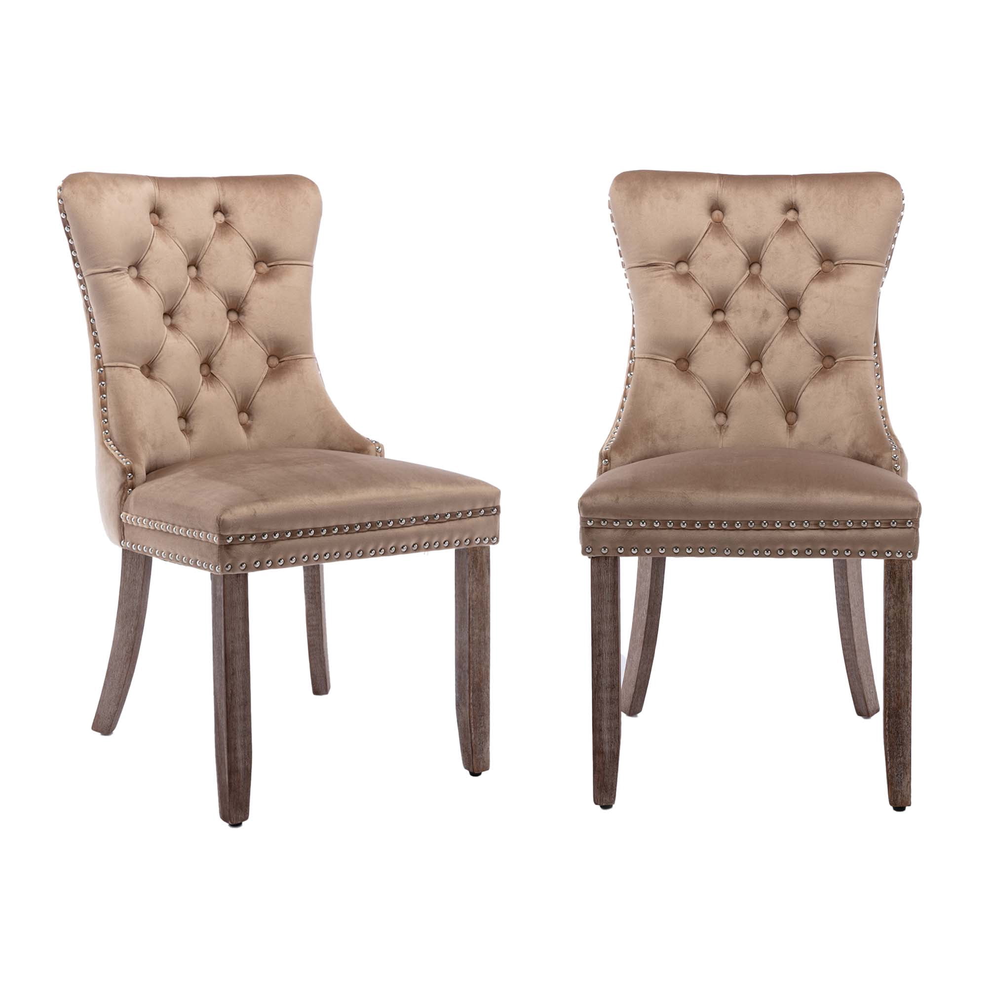 Aukfa High-End Upholstered Dining Chairs Set of 2, Modern Tufted Solid Wood Side Chair with Nailhead Trim - Khaki