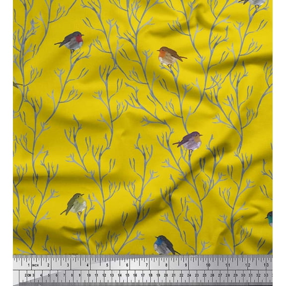 Soimoi Yellow Cotton Cambric Fabric Branch & Flycatcher Bird Decor Fabric Printed Yard 56 Inch Wide