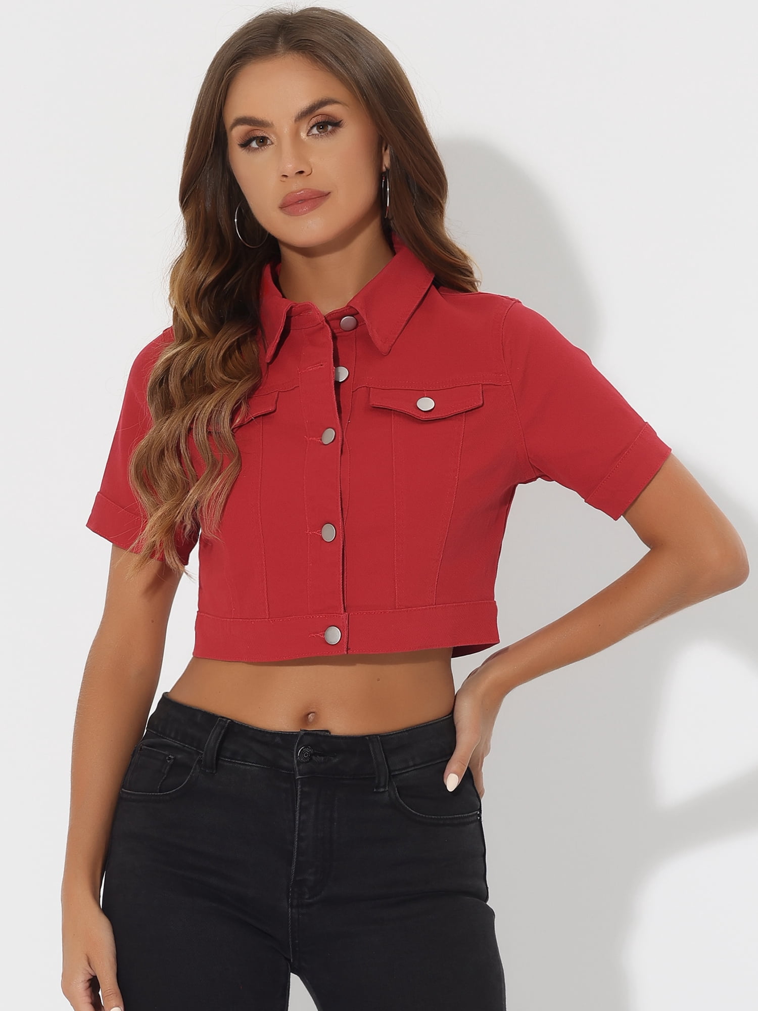DARING DIVA Women's Short Sleeves Crop Button Down Denim Jacket M Burgundy