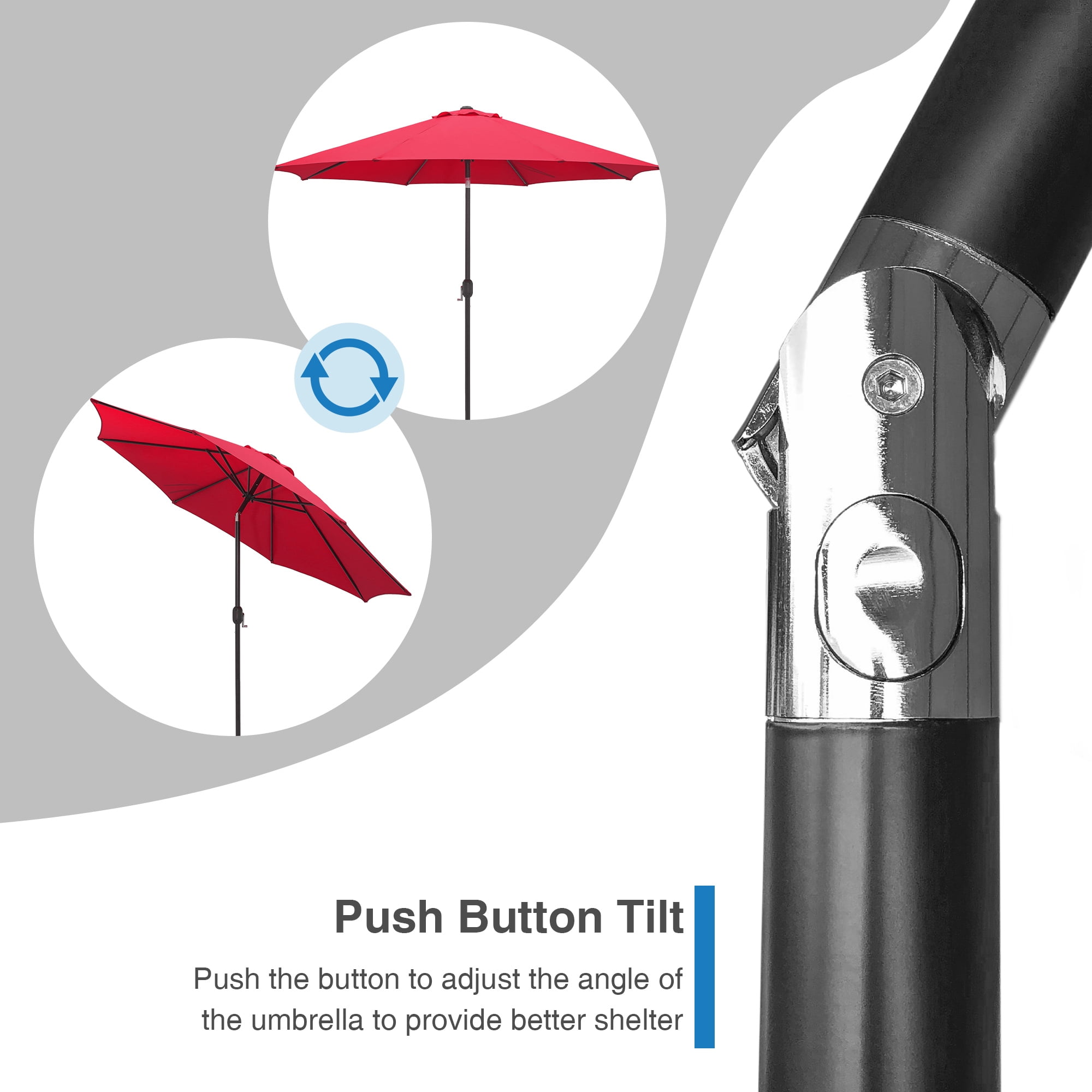 Kool 10FT Outdoor Patio Umbrella with Push Button Tilt and Crank Handle, Market Umbrella with 8 Sturdy Umbrella Ribs, Red
