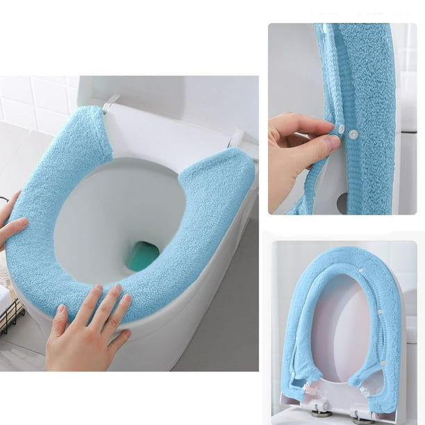Toilet Seat Cover Bathroom Soft Thicker Warmer With Snaps Fixed Stretchable Washable Fiber Cloth Toilet Seat Covers Pads Reusable Easy Installation Cleaning