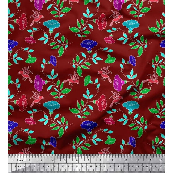 Soimoi Satin Silk Fabric Leaves,Bird & Floral Artistic Decor Fabric Printed Yard 42 Inch Wide
