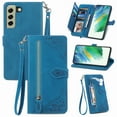 thumbnail image 1 of TECH CIRCLE for Samsung S21 FE 5G Cover, PU Leather Anti-Scratch Card Slots Zipper Pocket Wallet Magnetic Flip Stand Emboss Case Cover with Wrist Strap for Samsung Galaxy S21 FE 6.4 inch, Blue, 1 of 8
