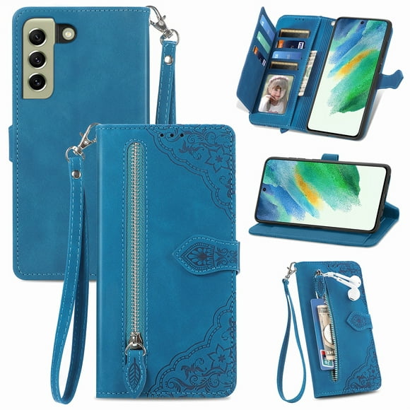 Dteck Wallet Cover Case for Samsung Galaxy S21 FE 5G Phone, Embossed Luxury Flower Pattern PU Leather Shockproof Wrist Strap Kickstand Zipper Card Holder Protective Case for Samsung S21 FE, Blue